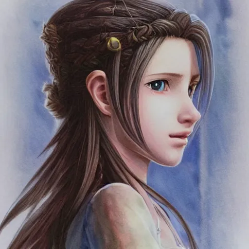 Image similar to portrait of aerith!!!!!!!!! from final fantasy vii, water - color painting by amano yoshitaka, ultra realistic, highly detailed, sharp focus, cinematic lighting, mood lighting, realistic, vivid colors, painting, photorealistic, digital art, non blurry, sharp, smooth, illustration