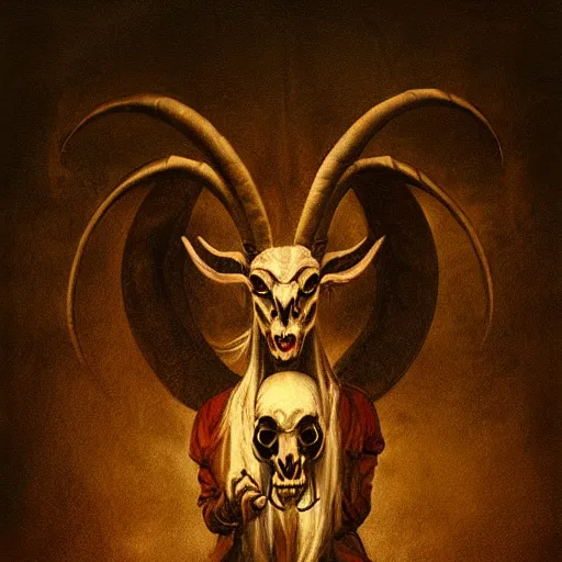 Image similar to baphomet with goat horns holding an animal skull, style of da vinci, horror, fantasy illustration, by greg rutkowski