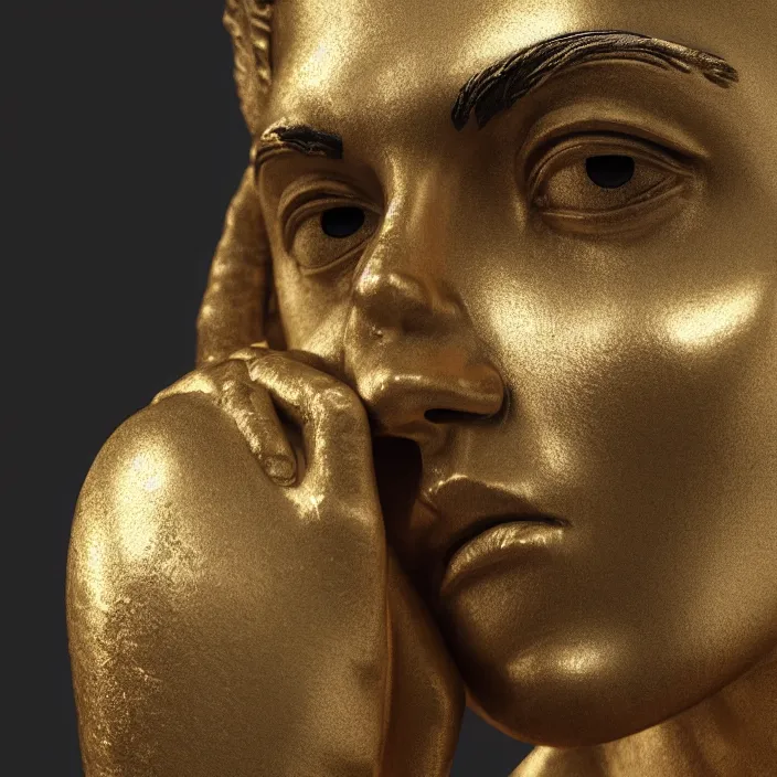 Image similar to stoic statue with empty eyes and a trail of tears made out for gold, vaporwave, aesthetic, naturel, hyper detailed, digital sculpture, trending in artstation, cinematic lighting, studio quality, smooth render, unreal engine 5 rendered, octane rendered, art style by klimt and nixeu and ian sprigger and wlop and krenz cushart