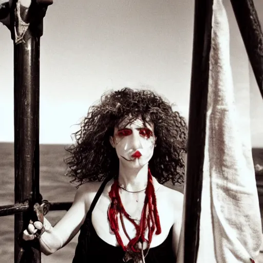 Prompt: a woman looking sick and leaning over the railing of a ship, a beautiful english woman with a long face narrow nose pale skin blue eyes red lips and wild messy tangles of curly white blonde hair, high resolution film still wearing a black robe and skull necklace and holding a spear, sandy, a journey to the west