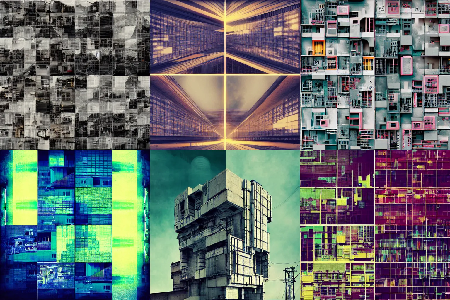 Prompt: cubistic collage of dystopian architecture by atelier olschinsky