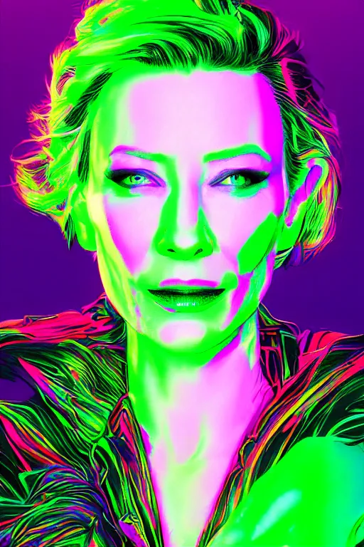 Image similar to cate blanchett ,neon colors, strong lighting, by Josan Gonzalez, HD, 4K