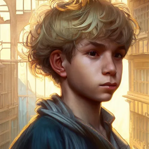 Image similar to portrait of a young boy thief in the slums of a fantasy city, dirty blonde hair, d & d, fantasy, joyful smirk, intricate, elegant, highly detailed, digital painting, artstation, concept art, matte, sharp focus, illustration, art by artgerm and greg rutkowski and alphonse mucha