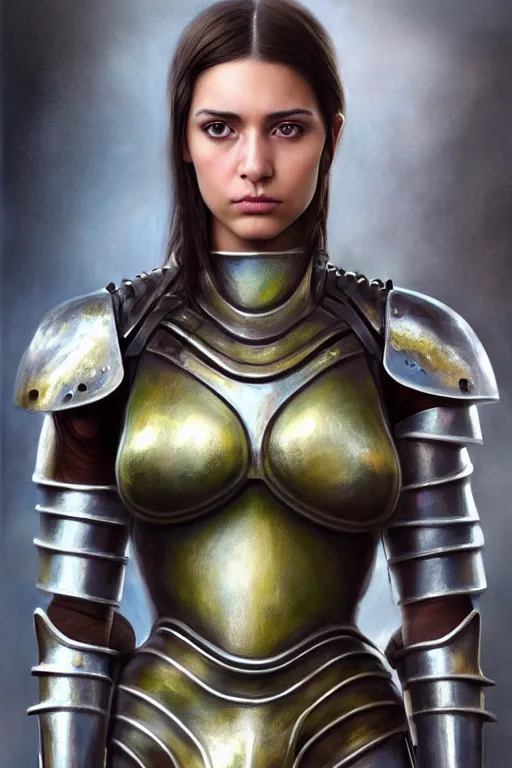 Image similar to a photorealistically painted portrait of an attractive young girl, partially clothed in metal-plated battle armor, with an abstractly painted background, flawless olive skin, fair complexion, long dark hair, beautiful bone structure, perfectly symmetric facial features, perfect photorealistic eyes, natural physique, intricate, elegant, digital painting, concept art, finely detailed, beautifully illustrated, sharp focus, minimal artifacts, volumetric lighting, from DOOM and Halo, by Ruan Jia and Mandy Jurgens and Artgerm and William-Adolphe Bouguerea, in the style of Greg Rutkowski, trending on Artstation, award winning art