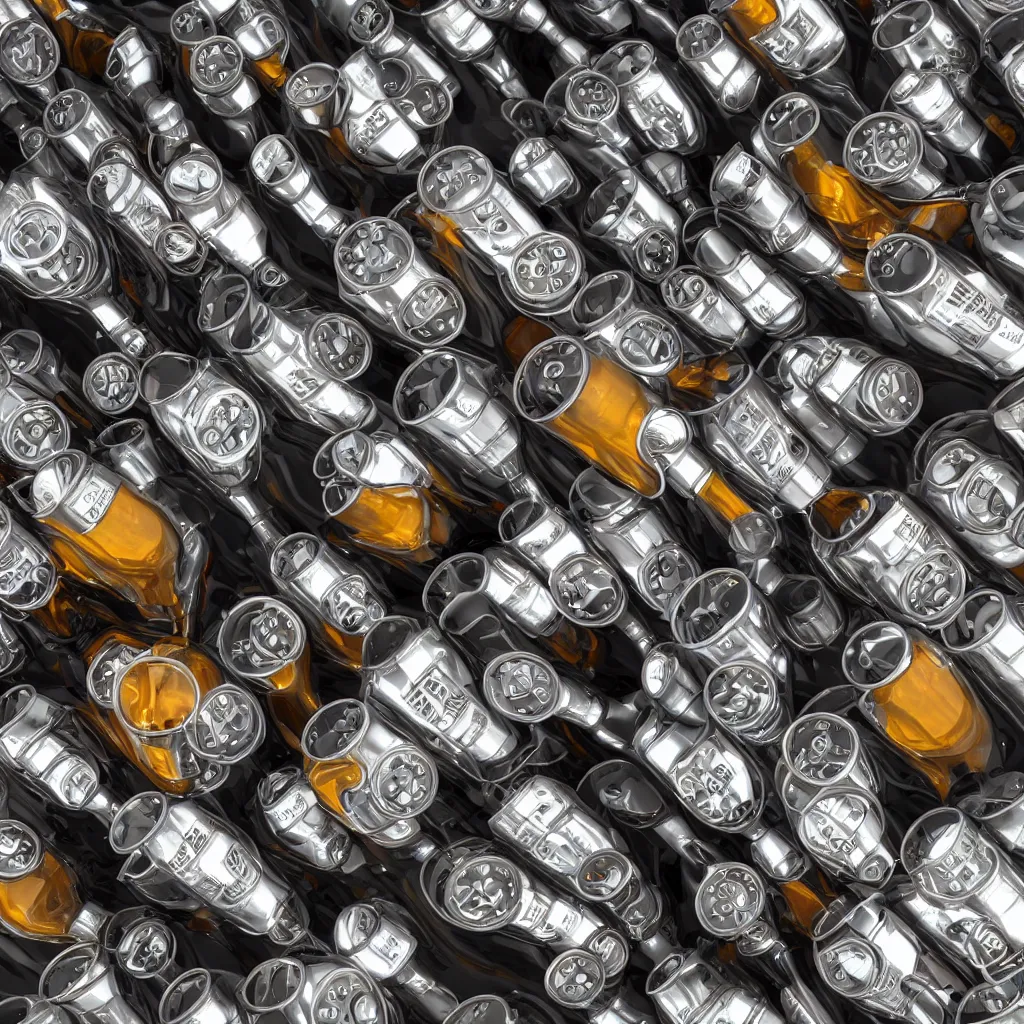 Image similar to eight cylinder engine with beer cans instead of pistons very detailed, 4 k, professional photography