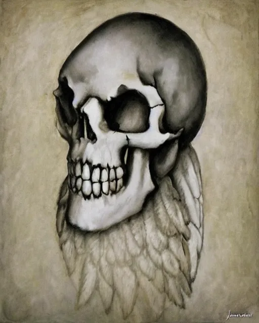 Image similar to an angel with a skull for the head, by jenni pasanen