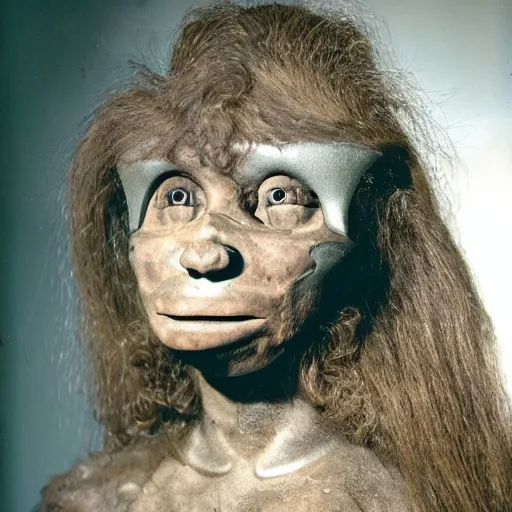 Prompt: fozzil of a beautiful female cyborg Neanderthal vintage