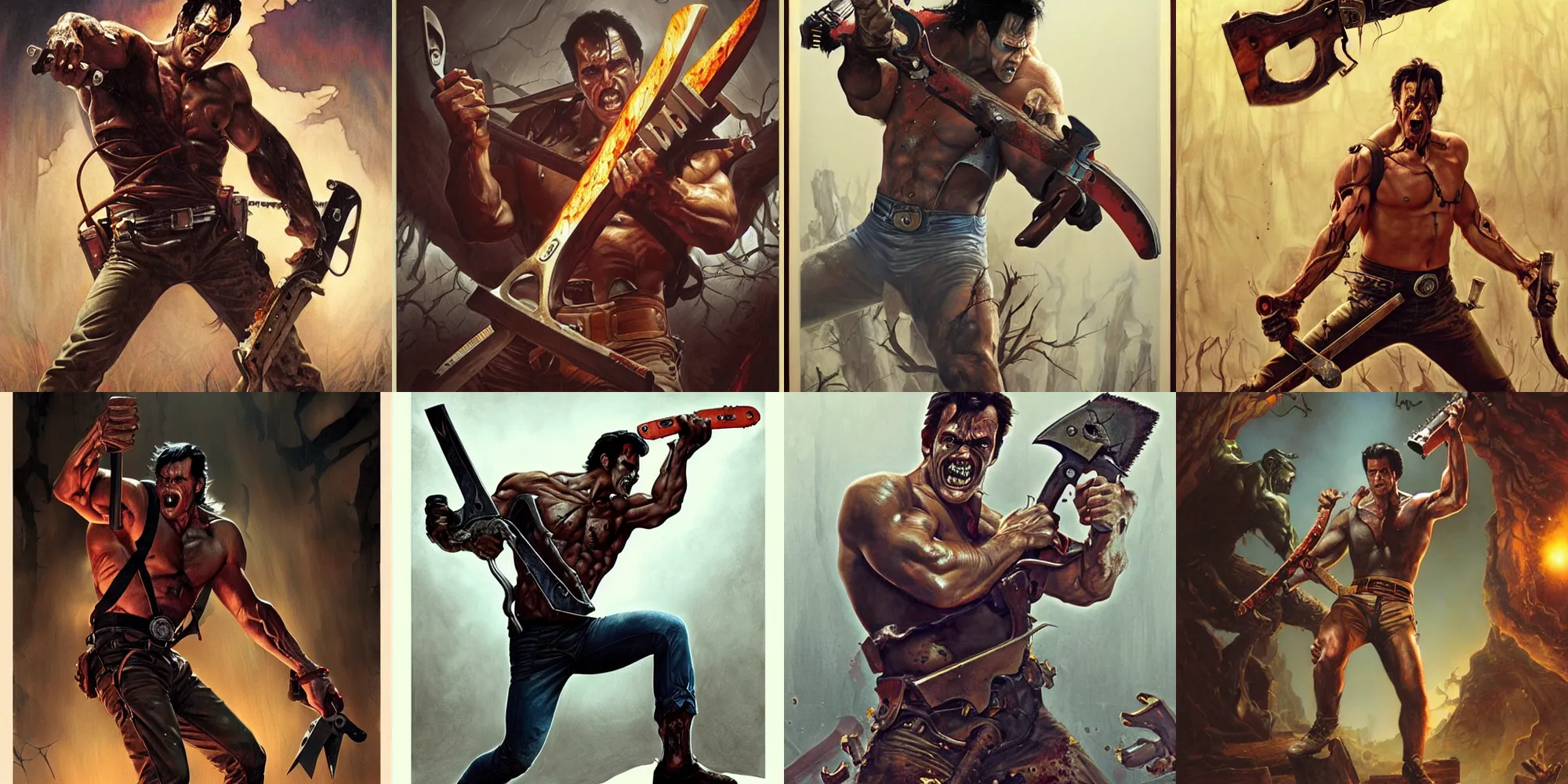 Prompt: The evil dead, Ash Williams, manowar album cover, of very muscular man, holding a chainsaw, ripping demons to shreds, blood, artstation, concept art, smooth, sharp focus, highly detailed, illustration, art by artgerm and greg rutkowski and alphonse mucha