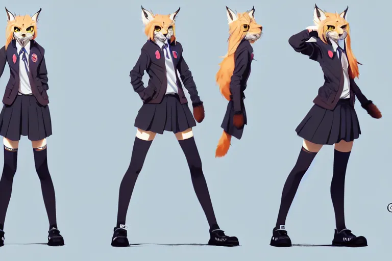 Image similar to character sheet of attractive female lynx fursona, magic school uniform, blonde hair, by greg rutkowski and studio ghibli, digital art, trending on artstation, highly detailed, concept art, beautiful, masterpiece