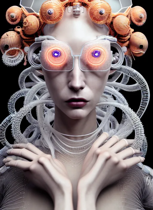 Image similar to portrait of an absurdly beautiful, graceful, sophisticated, fashionable cyberpunk mechanoid, hyperdetailed illustration by irakli nadar and alexandre ferra, intricate linework, white porcelain skin, faberge, coral and jellyfish headdress, octane render, gsociety, global illumination, radiant light, detailed and intricate environment