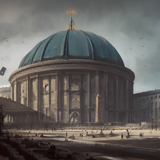 Image similar to giant volkshalle building, berlin 1 9 4 5, matte painting by greg rutkowski, artstation