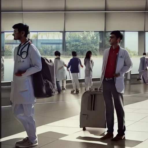 Image similar to Anxious good looking young Indian doctors in American clothes waiting at an airport, by Feng Zhu, highly detailed, excellent composition, cinematic concept art, dramatic lighting, trending on ArtStation