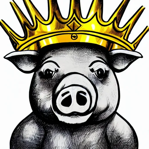 Prompt: pig wearing a gold crown on it's head illustration concept art in the style of Arthur Adams, full body 8k