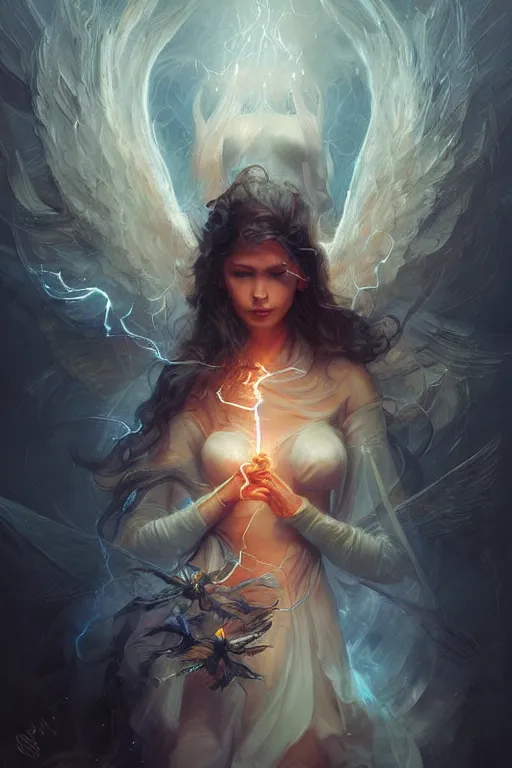 Image similar to portrait of a beautiful model casting magic spell holding electricity, angel, fantasy, dramatic lighting, highly detailed, digital painting, holding electricity, magic the gathering, hyper detailed, 3 d render, hyper realistic detailed portrait, peter mohrbacher, wlop, ruan jia