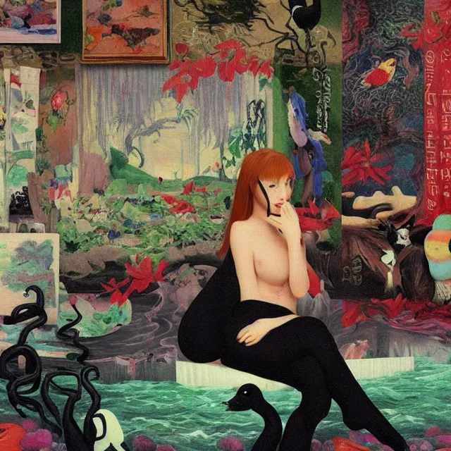 Image similar to emo catgirl artist in her flooded lounge room, painting of flood waters inside an artist's loungeroom, a river flooding indoors, pomegranates, pigs, ikebana, water, octopus, river, rapids, waterfall, black swans, canoe, berries, acrylic on canvas, surrealist, by magritte and monet