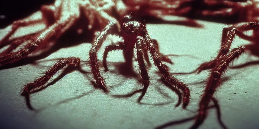 Image similar to filmic extreme closeup dutch angle movie still 4k UHD interior 35mm film color photograph of a detached human head with spider legs protruding out of it crawling acrosss he floor, in the style of a horror film The Thing 1982