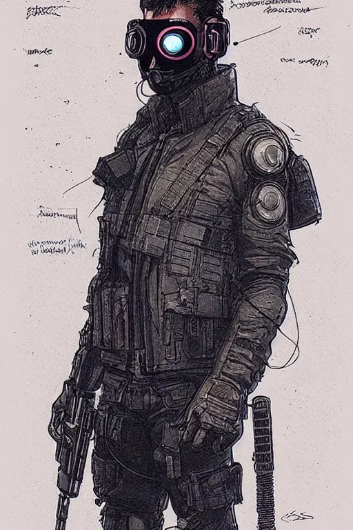 Prompt: hector. blackops spy in near future tactical gear, stealth suit, and cyberpunk headset. Blade Runner 2049. concept art by James Gurney and Mœbius.