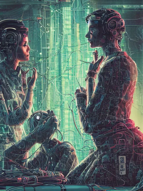 Image similar to a cyberpunk style illustration of two veiled female android queens kneel and pray with lots of complex mess of cables and wires behind them connected to giant computer,bowknot, fine lace, GUCCI, glittering, jewel embellishment, film lighting, by shibashake,Cedric Peyravernay,marie spartali Stillman,William Morris,Dan Mumford, trending on atrstation, full of color, mythological, high detailed,golden ratio,cinematic lighting