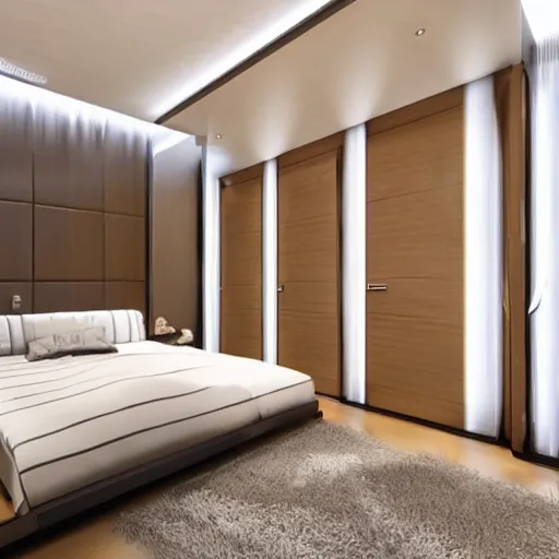 Prompt: luxurious bedroom at night, highly detailed, light coming from door, futuristic