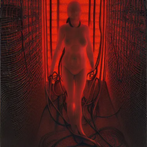 Image similar to photo of a woman wrapped around by tubes and cables, glowing red, by Edgar Maxence and Ross Tran, Zdzisław Beksiński, and Michael Whelan, distant, gustav dore, H.R. Giger, 8k, octane render