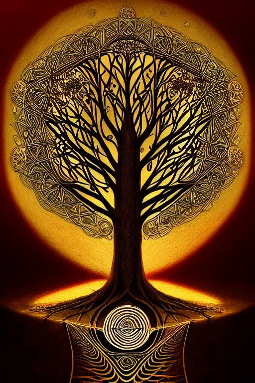 Image similar to tree of life, sacred geometry, illustration, high quality, details, intricate, atmosphere, highly detailed, cinematic, digital painting, deviantart, cinematic, concept art