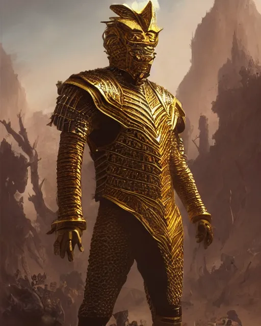 Image similar to hyper realistic king of babilon with the head of leopard full gold armour, photorealistic, 3 d render cinema 4 d, 8 k texture, concept art by greg rutkowski, ilya kushinov, gaston bussiere, craig mullins