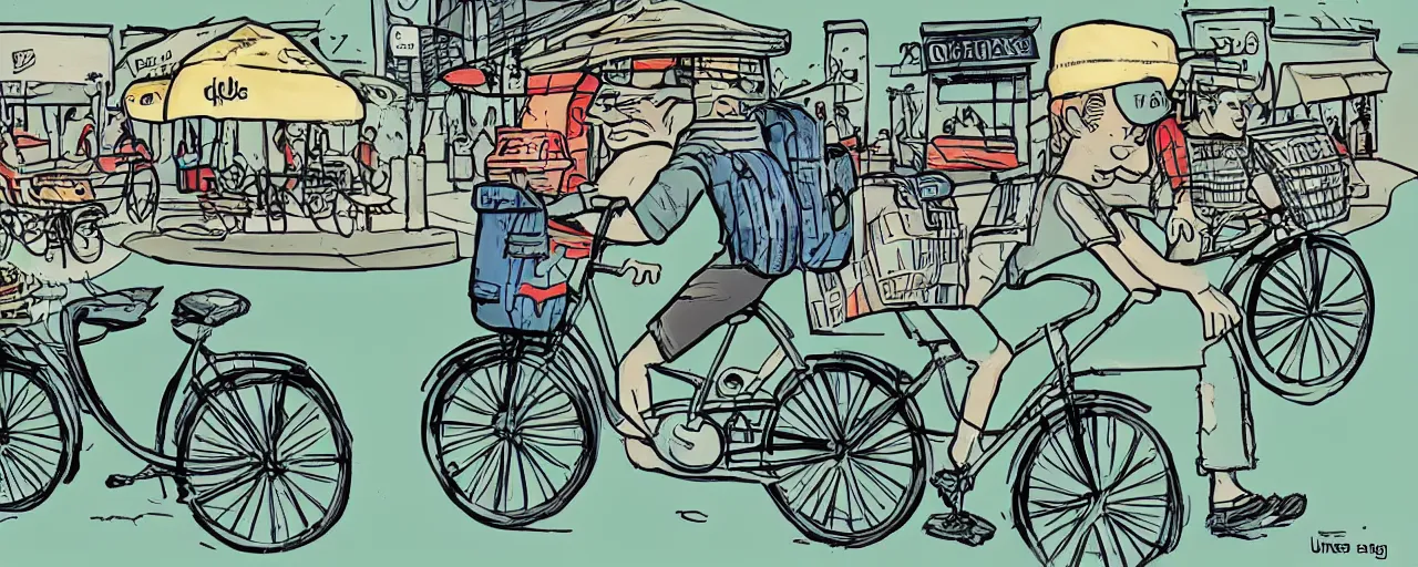 Prompt: beautiful detailed comic illustration of a uber eats delivery guy on a bicycle, colored