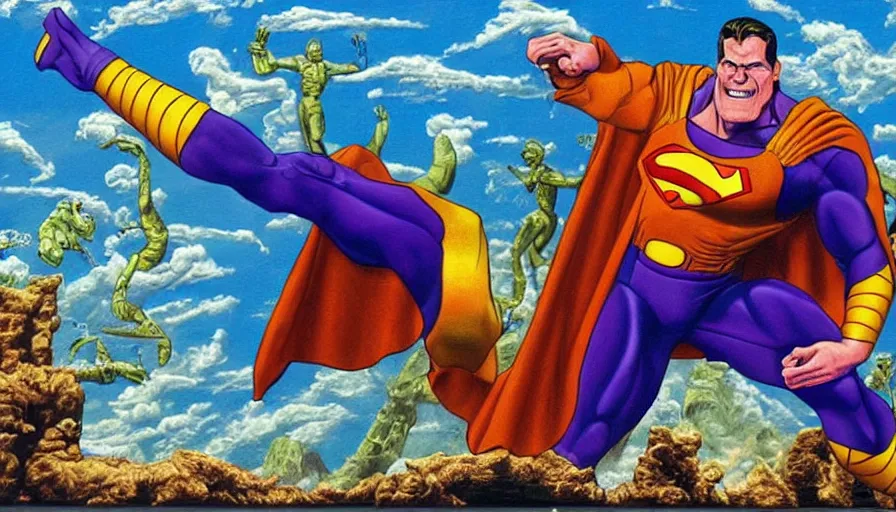 Image similar to beautiful lifelike painting of thanos as superman hunting seamonkeys, hyperreal detailed facial features and uv lighting, retro pixel bitmap art by ed roth and basil wolverton