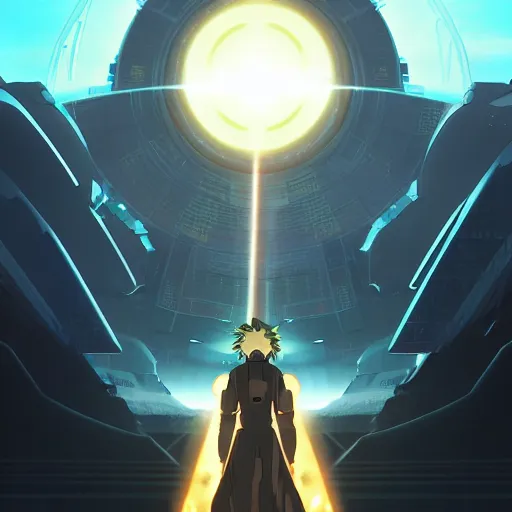 Image similar to anime style, futuristic, dystopian, population gathering below gigantic rectangular deep-onyx colored monolith megastructure with golden all-seeing eye of providence centered looking down from sky, bright spotlight coming from eye, miyazaki, Craig Mullins, nausicaa, Shinkai Makoto, Nihei Tsutomu, hyper maximalist, dystopian, hyper detail, 8k, octane render, epic composition, beautiful, landscape, dramatic lighting golden ratio, cinematic