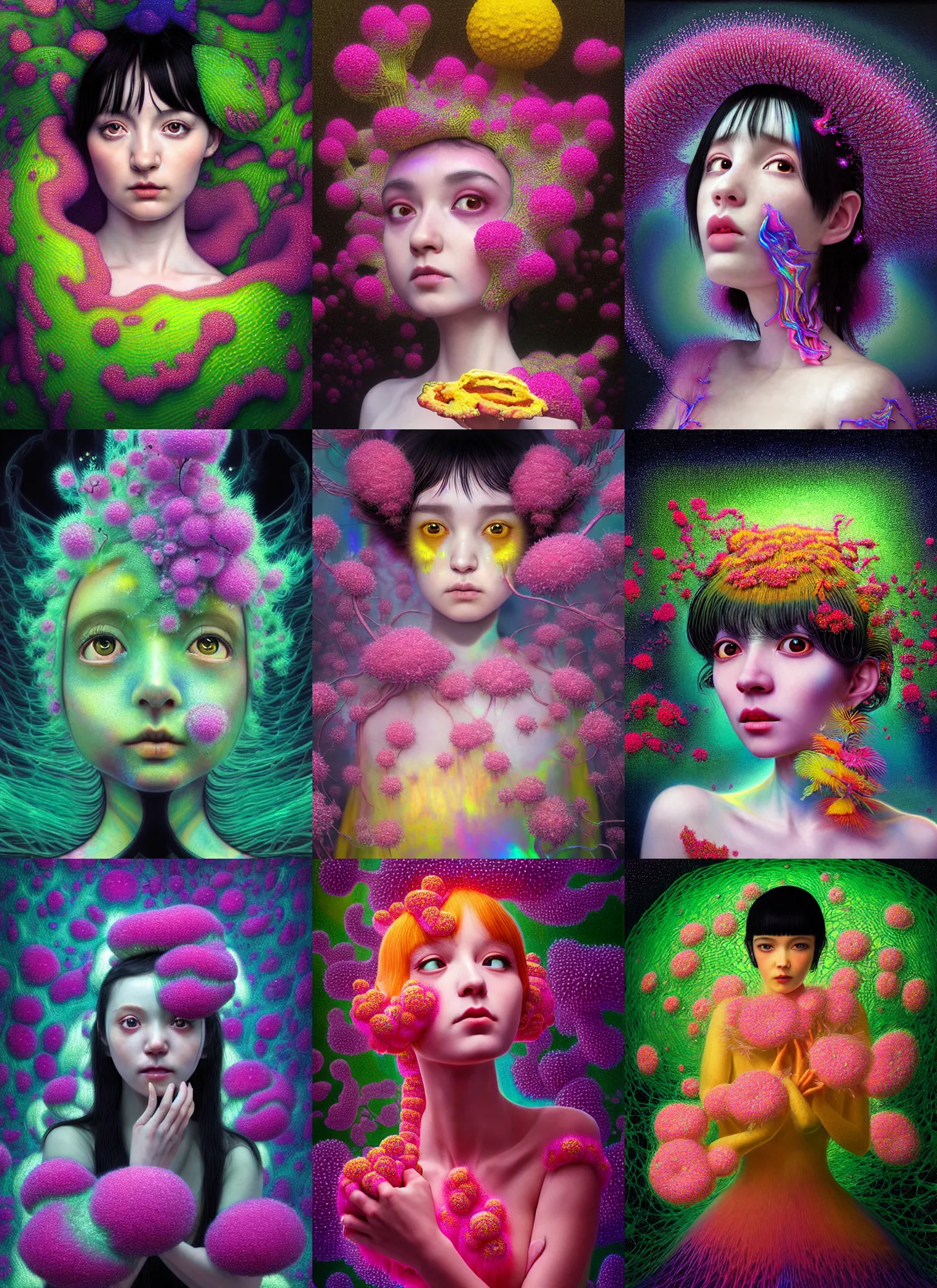 Image similar to hyper detailed 3d render like a Oil painting - kawaii portrait Aurora (black haired Fae) seen Eating of the Strangling network of yellowcake aerochrome and milky Fruit and Her delicate Hands hold of gossamer polyp blossoms bring iridescent fungal flowers whose spores black the foolish stars by Jacek Yerka, Mariusz Lewandowski, Houdini algorithmic generative render, Abstract brush strokes, Masterpiece, Edward Hopper and James Gilleard, Zdzislaw Beksinski, Mark Ryden, Wolfgang Lettl, hints of Yayoi Kasuma, octane render, 8k