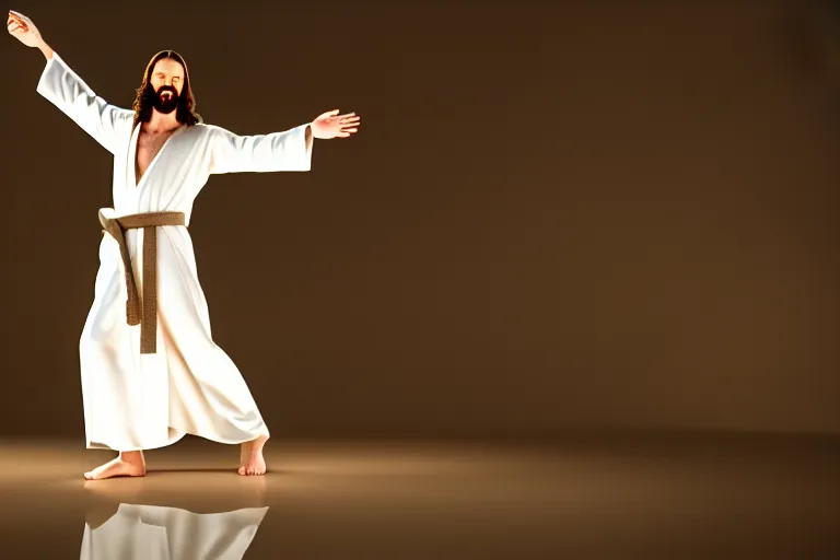 Image similar to jesus christ wearing a white robe strikes a dance pose as the world burns around him, intricate, hyper detailed, accent lighting, dramatic light, 4 k octane render ; renaissance painting