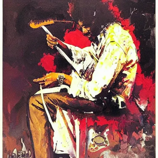 Prompt: Jimy Hendrix playing by Bill Sienkiewicz and Caravaggio