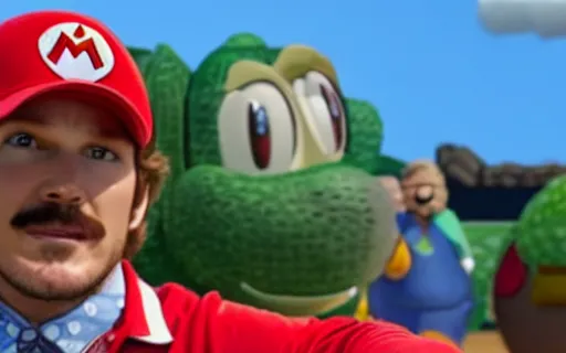 Prompt: a still of super mario as chris pratt in parks and recreation