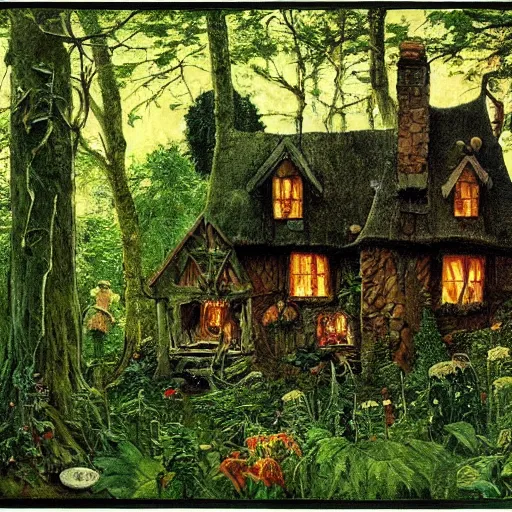 Prompt: witch cottage in the forest, lush forest art by norman rockwell, wide angle