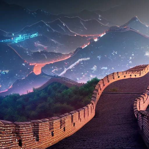 Prompt: the great wall of china getting remodeled to fit the cyberpunk city behind it, high detail, 4 k, neon lights