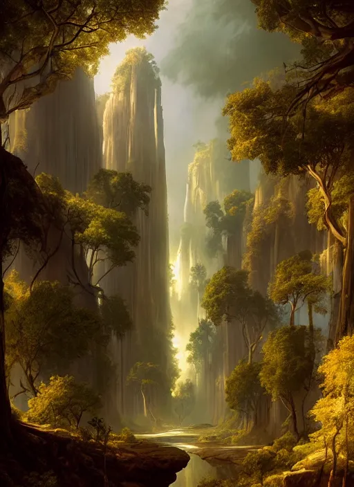 Image similar to detailed valley of very tall thing trees, light shafts, stunning atmosphere, naturalistic art by asher brown durand, inspired by greg rutkowski and peter mohrbacher