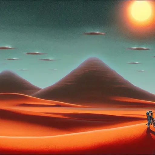 Prompt: A beautiful matte painting of Arrakis from Dune by Dan Mumford, trending on ArtStation
