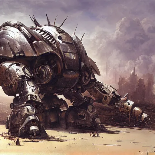 Image similar to giant armored ashigaru beetle mecha concept painting by jessica rossier, hr giger, john berkey