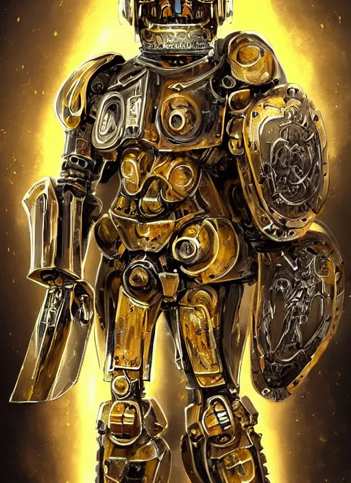 Image similar to full body, dynamic attack position abstract portrait of a intricate glorious holy mechanical warforged character in yellow armor holding a paladin engraved great longsword drawn and carrying a big paladin shield, glowing!!!! eye!!!!!, face in focus, pit droid, epic , trending on ArtStation, masterpiece, cinematic lighting, by Ross Tran and by Greg Rutkowski