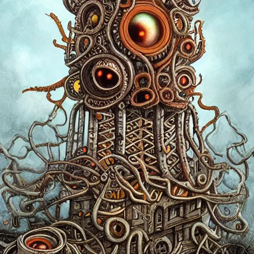 Prompt: lovecraftian biomechanical machine-tower with fleshy tendrils and eyeball at top overlooking dystopian wasteland, highly detailed, colorful with red hues