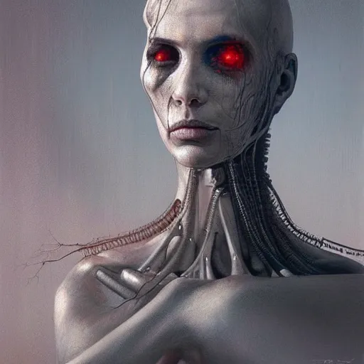 Image similar to surreal portrait of a woman by Greg Rutkowski and H.R Giger, Vincent Di Fate, cyborg of old age, symmetrical, hair as wires, haunting appearance, pale as marble, biomechanical and intricate, empty and uncany expression, frightening, space horror, fascinating, highly detailed portrait, digital painting, artstation, concept art, smooth, sharp focus illustration, duo tone, HQ.