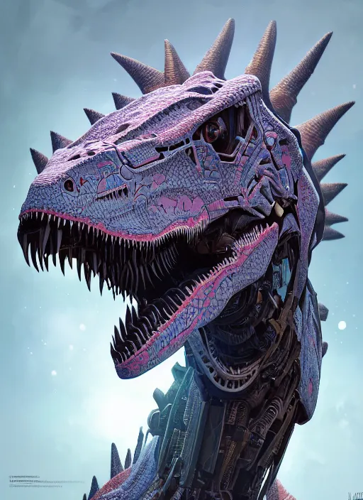 Image similar to symmetry!! portrait of a hybrid robot dinosaur, floral! horizon zero dawn machine, intricate, elegant, highly detailed, ray tracing, digital painting, artstation, concept art, smooth, sharp focus, illustration, art by artgerm and greg rutkowski and alphonse mucha, 8 k