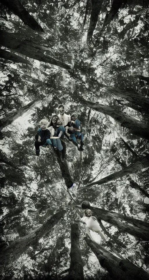 Prompt: Inverted color photograph, family in the woods