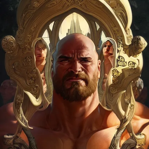 Image similar to hulking herculean ogre jesus christ, masterpiece, intricate, elegant, highly detailed, digital painting, artstation, concept art, smooth, sharp focus, illustration, art by artgerm and greg rutkowski and alphonse mucha and uang guangjian and gil elvgren and sachin teng, symmetry!!