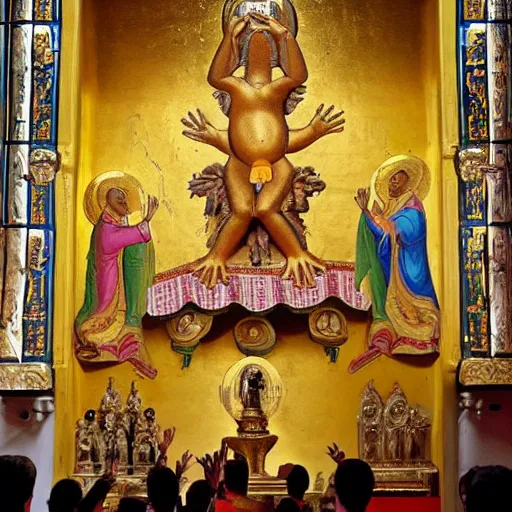 Image similar to people worship a huge statue of a golden frog, icon style, religion, bible, frescoes