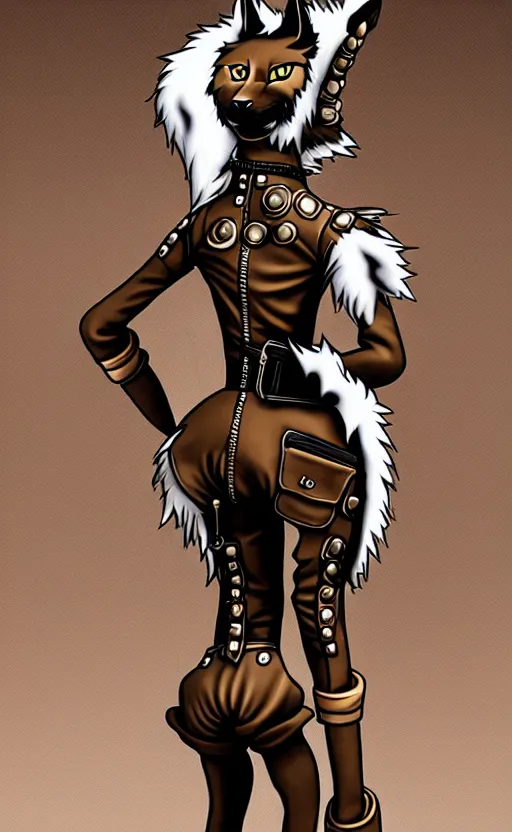 Prompt: the full body of anthropomorphic lynx fursona from behind wearing a steampunk suit