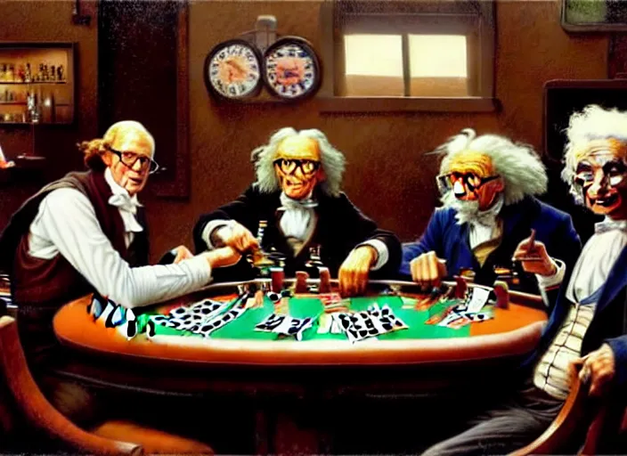 Image similar to isaac newton and stephen hawkins and asimov and albert einstein playing poker in an old west saloon, centered, digital painting, artstation, concept art, smooth, illustration, art by james gurney and norman rockwell and greg rutkowski