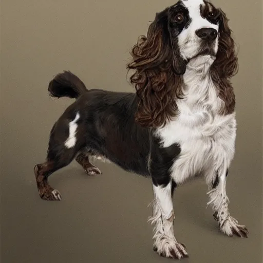 Prompt: springer spaniel extremely detailed, sharp focus, wide view, full body shot, smooth, digital illustration, by, james jean, by rossdraws, frank franzzeta, sakimichan, jeremy lipking