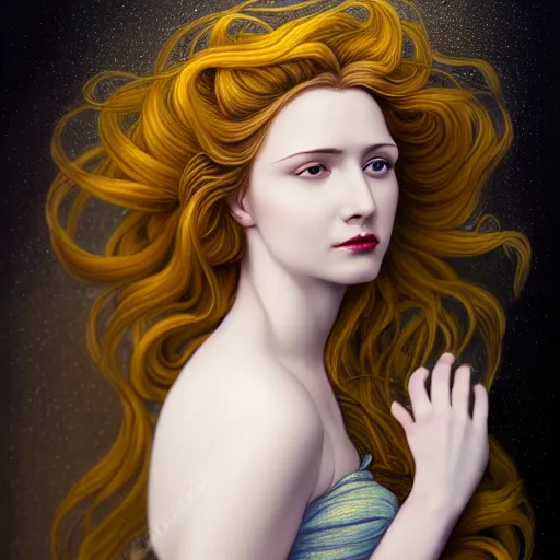 Image similar to portrait of a young attractive nerdy woman in flowing sensual dress, arrogant, long fine flowing hair, delicate, looking at camera, slightly awkward smile, realistic face, realistic hands, stylish, elegant, grimdark fantasy, flowers, extremely detailed painting inspired by Gerald Brom and Ernst Haeckel and Sandro Botticelli , studio lighting