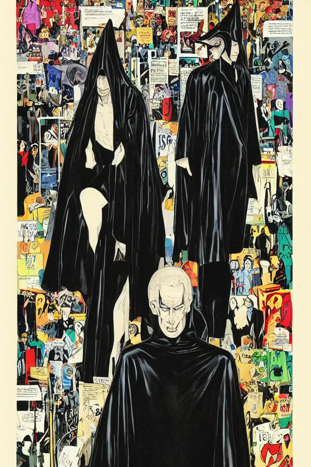 Image similar to a tall thin man with pale skin, in black latex robes by frank miller and bill sienckiwicz